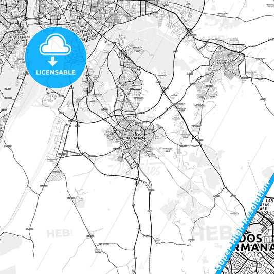 Dos Hermanas, Spain light map with streetnames, citynames and districts