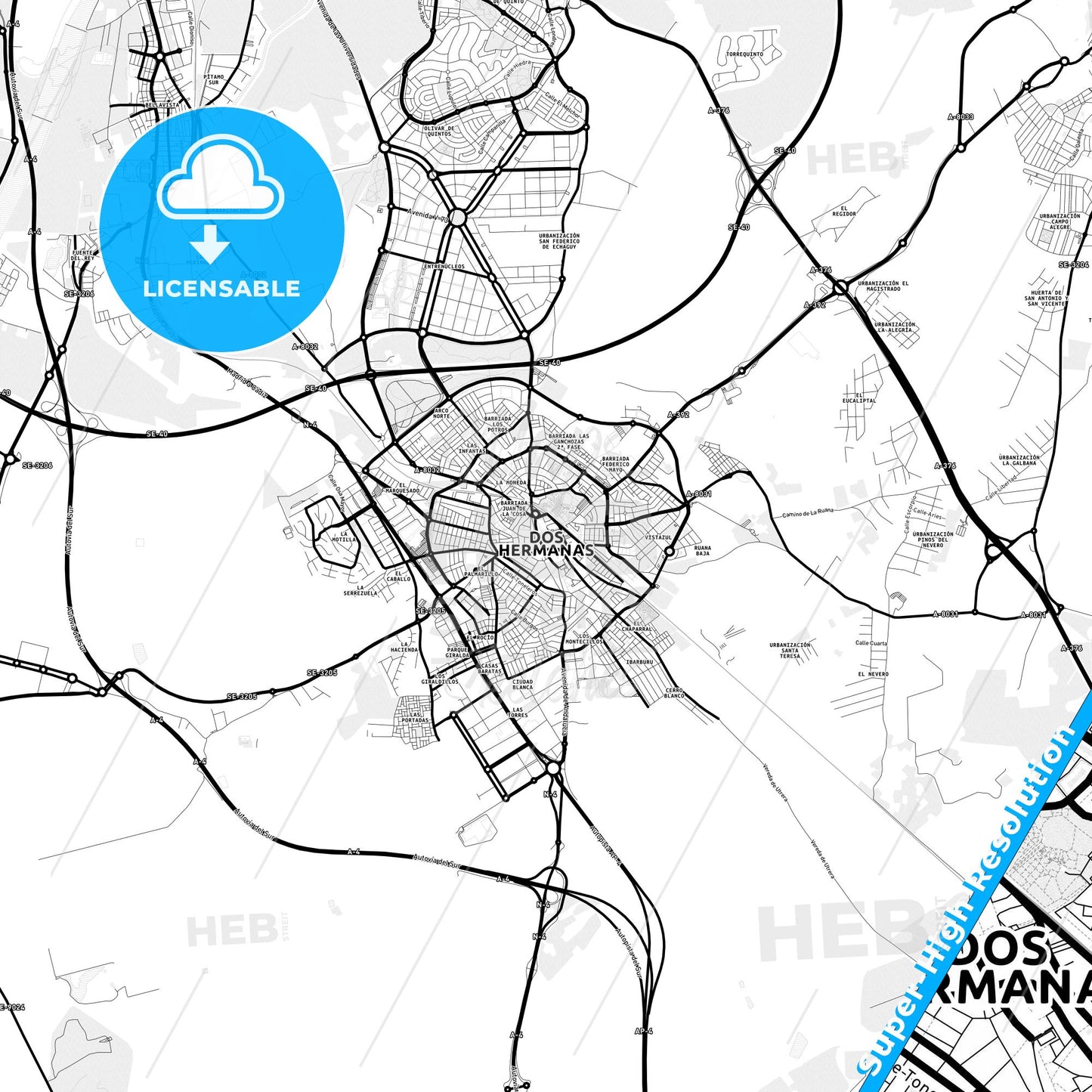 Dos Hermanas, Spain Light Map with Street Names, City Names, and Districts