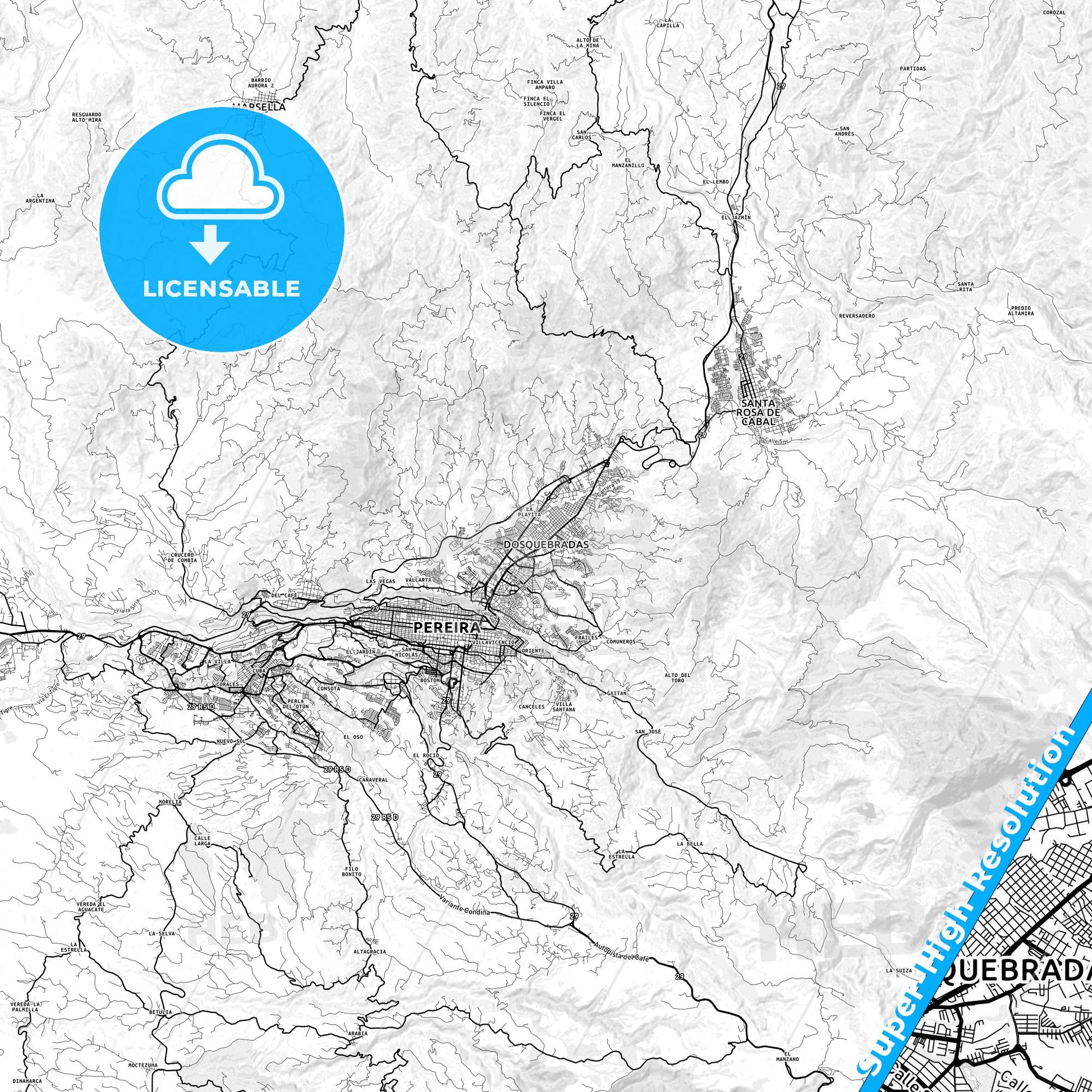Dosquebradas, Colombia light map with streetnames, citynames and districts