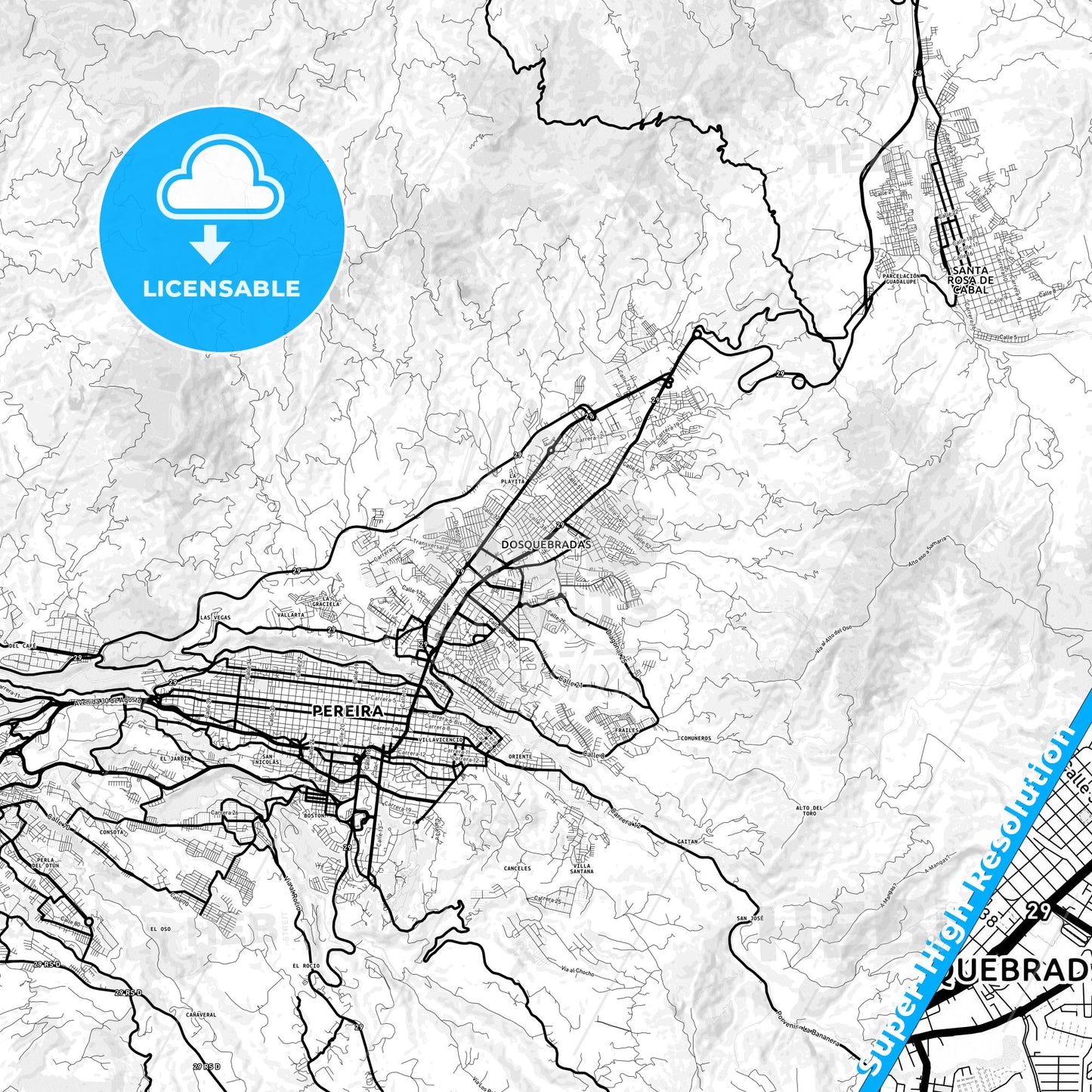 Dosquebradas, Colombia Light Map with Street Names, City Names, and Districts