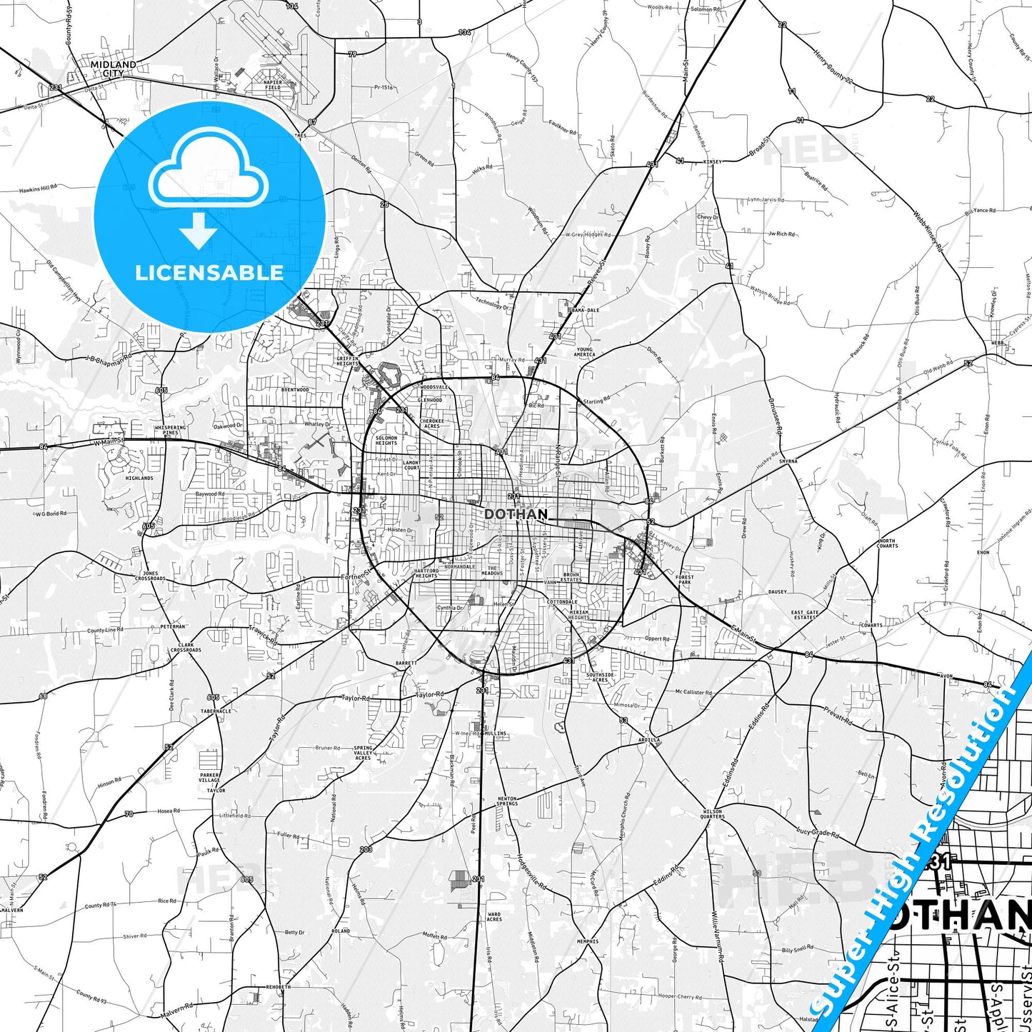 Dothan, Alabama light map with streetnames, citynames and districts