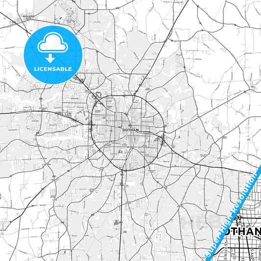 Dothan, Alabama light map with streetnames, citynames and districts