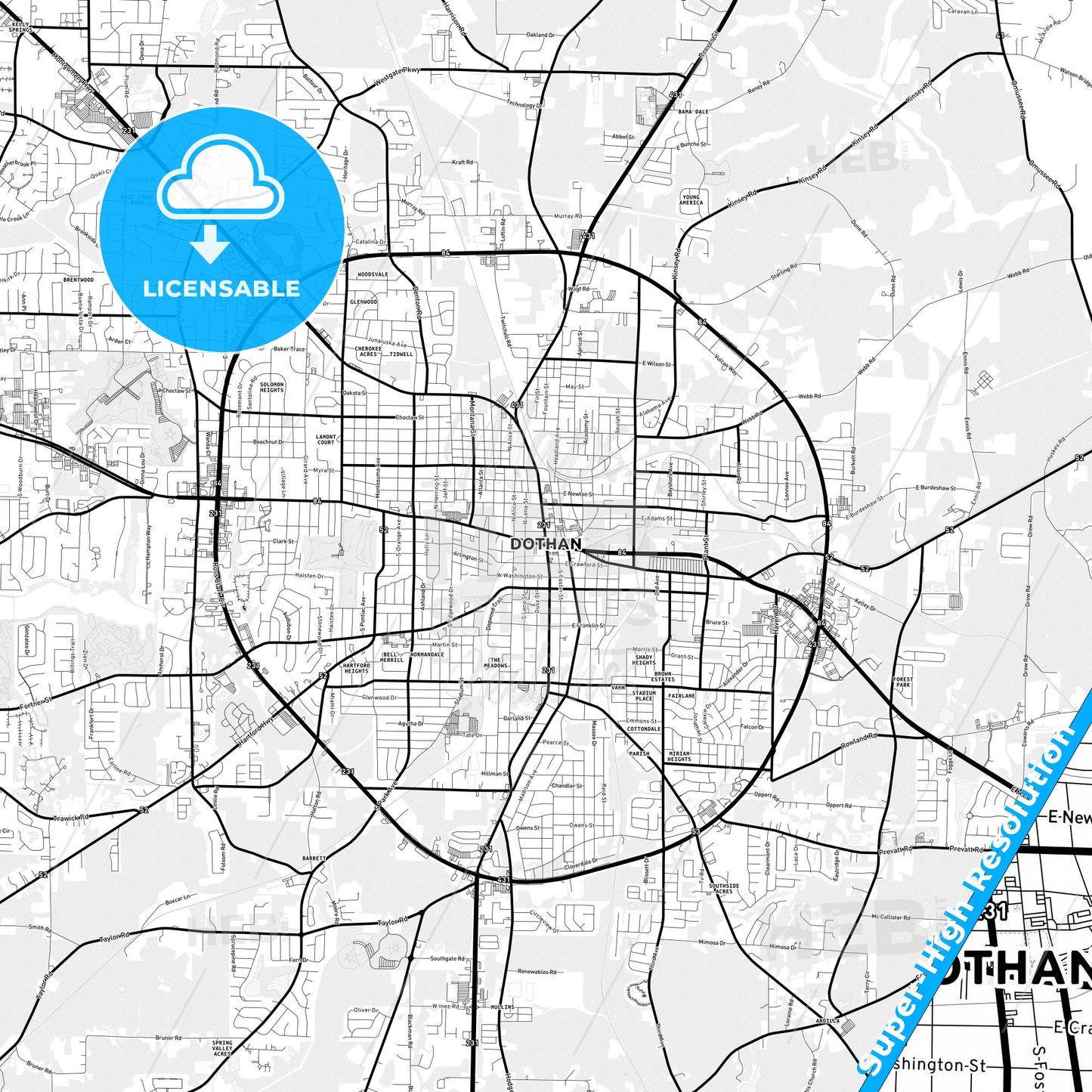Dothan, Alabama Light Map with Street Names, City Names, and Districts