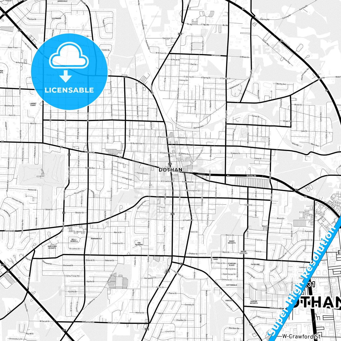 Dothan, Alabama Light Map with Street Names, City Names, and Districts