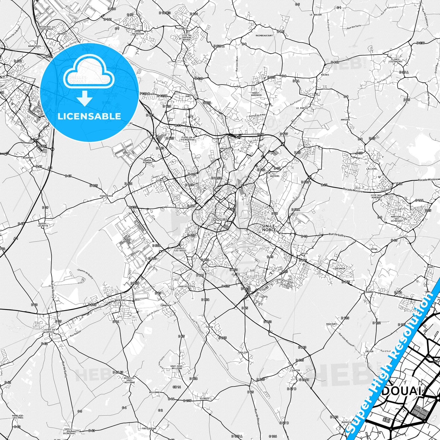 Douai, France light map with streetnames, citynames and districts