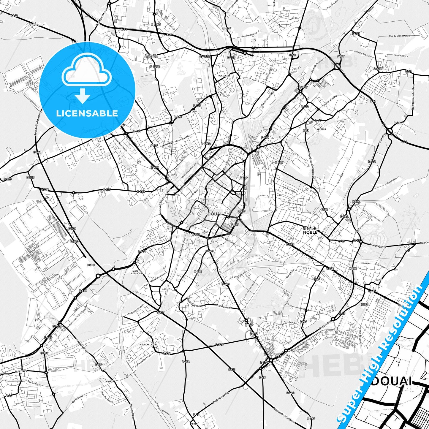 Douai, France Light Map with Street Names, City Names, and Districts