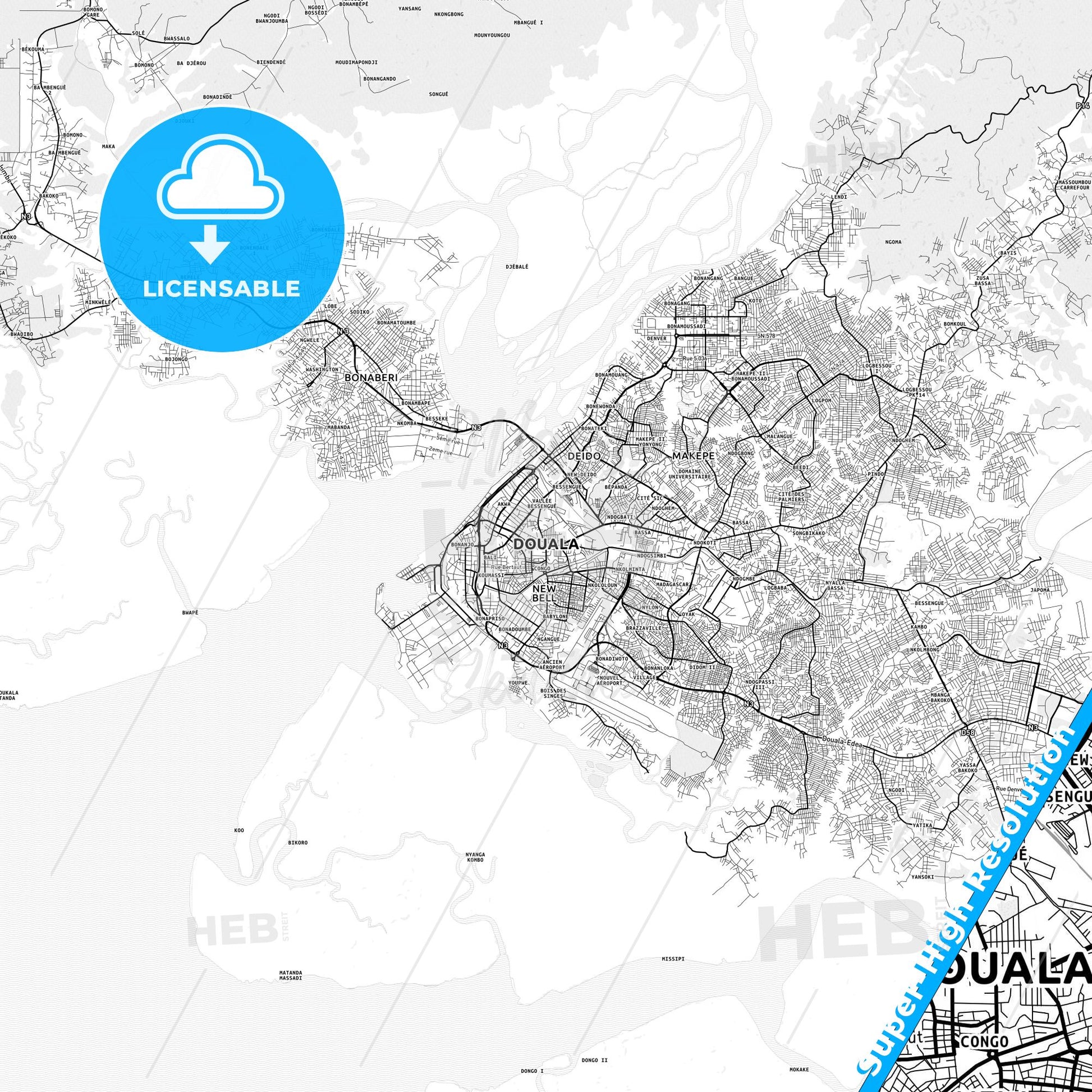 Douala, Cameroon light map with streetnames, citynames and districts