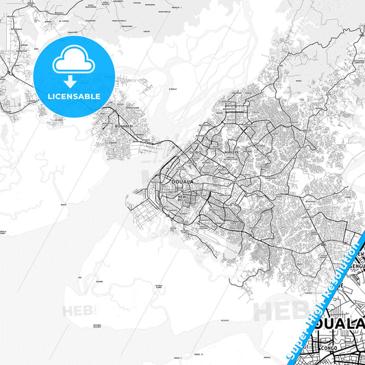 Douala, Cameroon light map with streetnames, citynames and districts