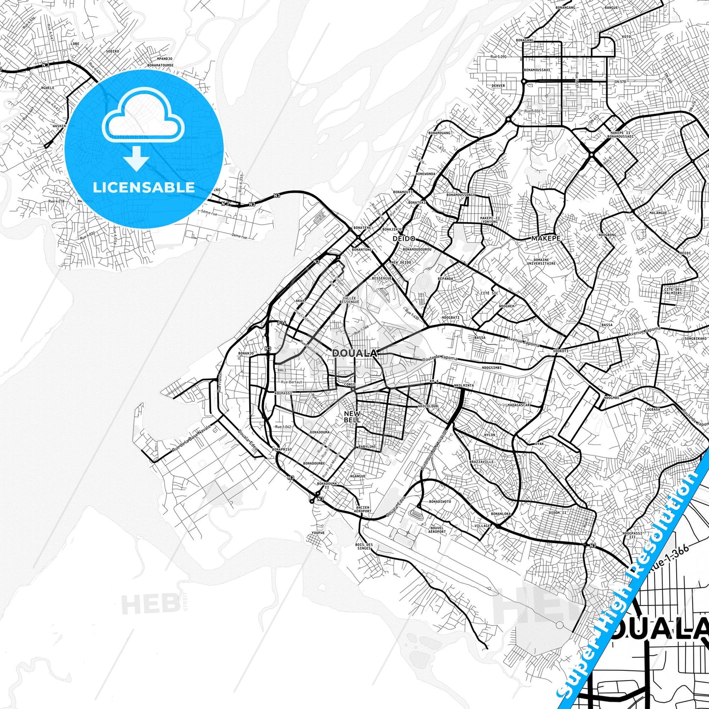 Douala, Cameroon Light Map with Street Names, City Names, and Districts