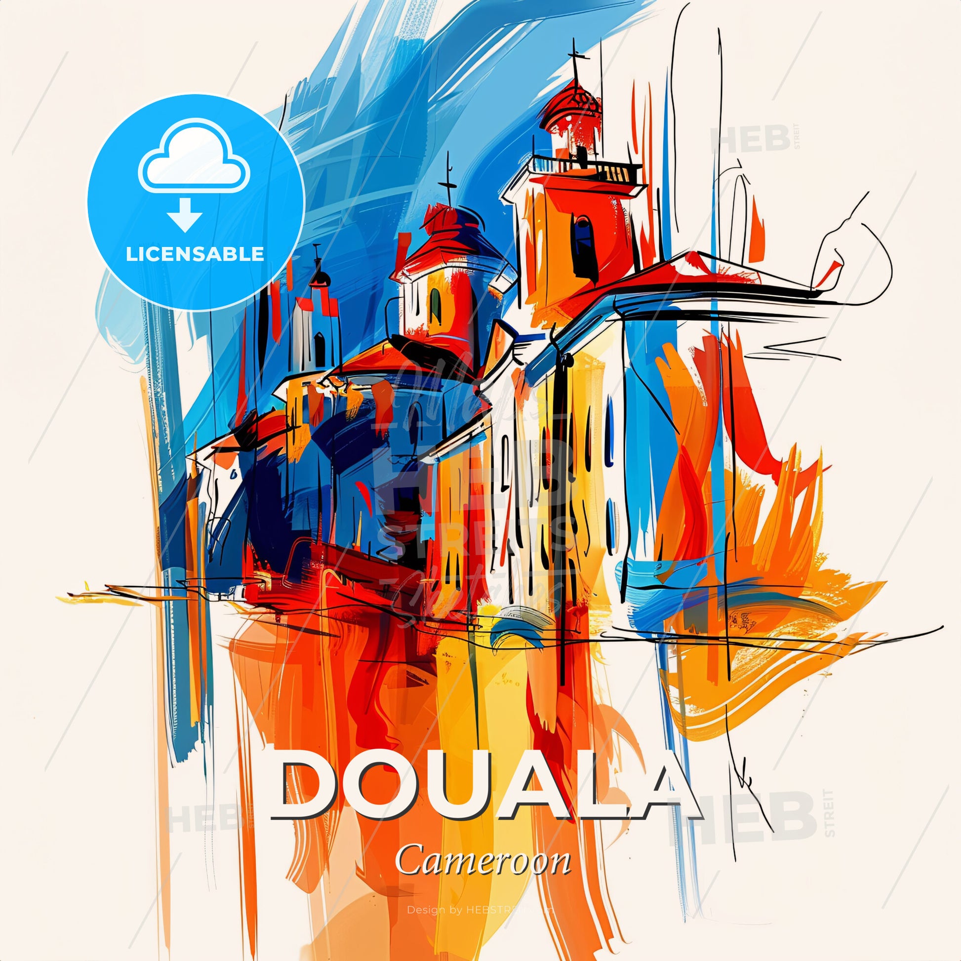 Vibrant Douala, Cameroon - A Painting Of Buildings And A Tower - Square format print template