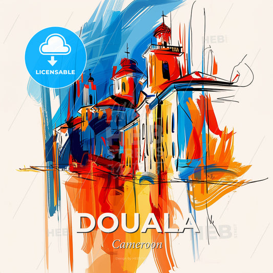 Vibrant Douala, Cameroon - A Painting Of Buildings And A Tower - Square format print template