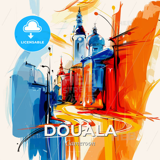 Vibrant Douala, Cameroon - A Colorful Painting Of A Street With Buildings And A Tower - Square format print template