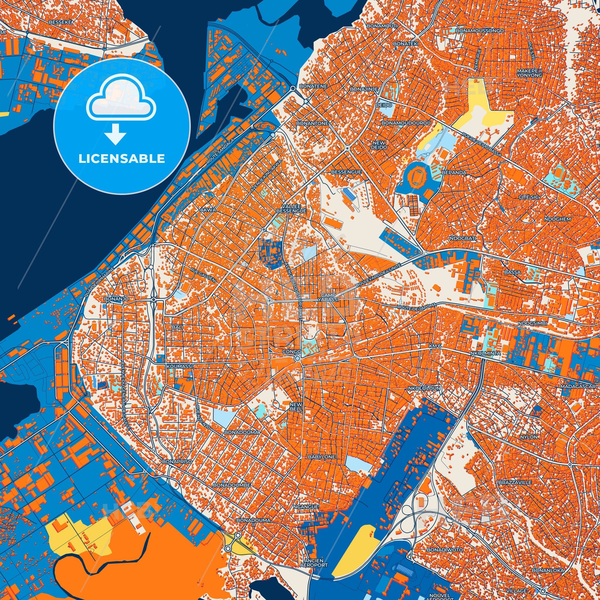 Colorful Douala Street Map with Labels and Buildings