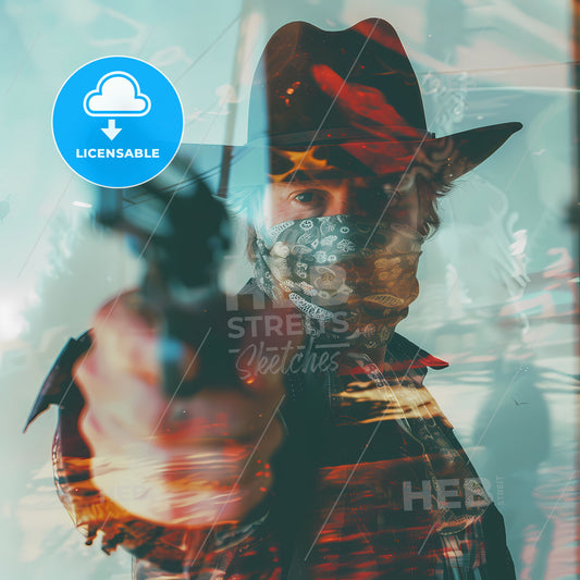 Painting of a Cowboy Pointing a Gun with Bandana and Vibrant Double Exposure