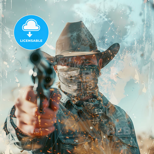 Cowboy Points Gun in Atmospheric Perspective Double Exposure Art Painting
