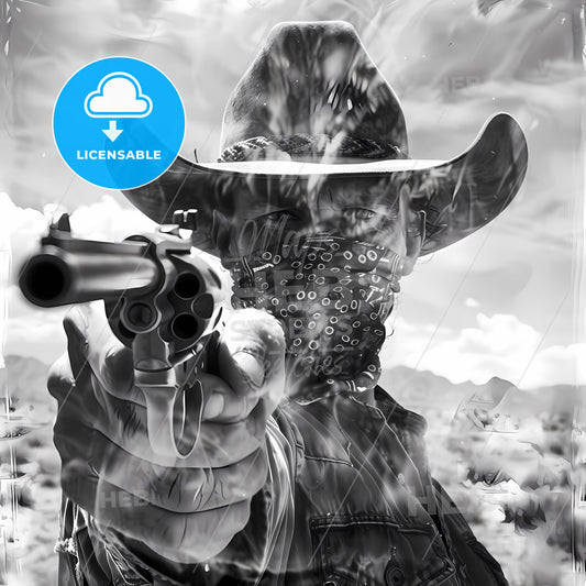 Atmospheric Perspective Inside Cowboy Painting, Cowboy Bandana Gun Pointing Art
