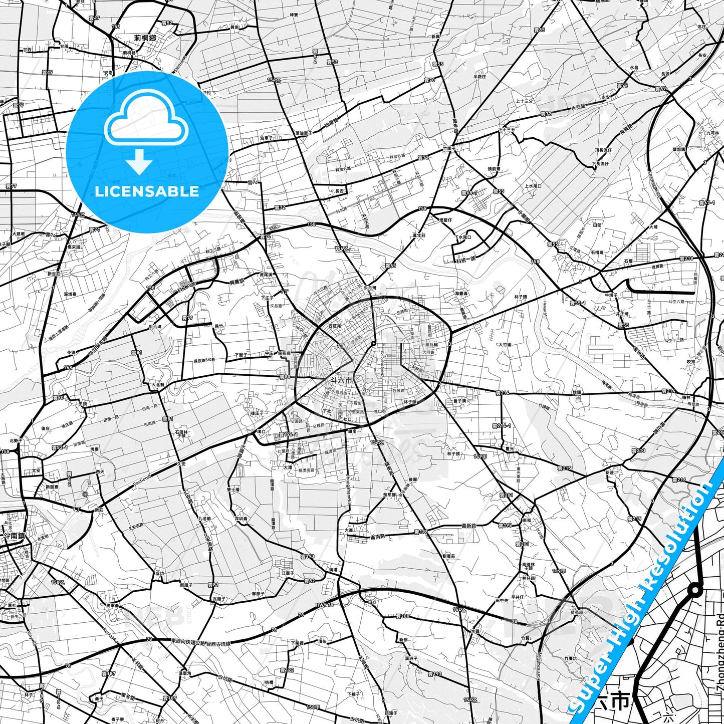 Douliu, Taiwan Light Map with Street Names, City Names, and Districts