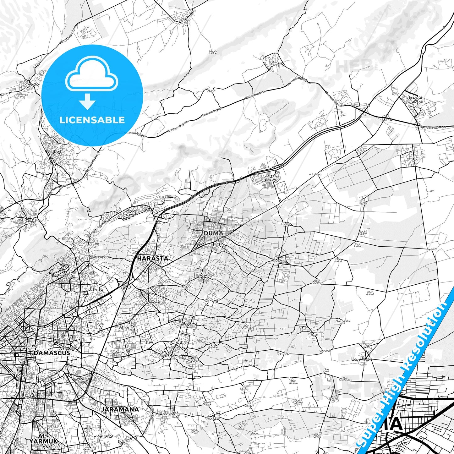 Douma, Syria light map with streetnames, citynames and districts