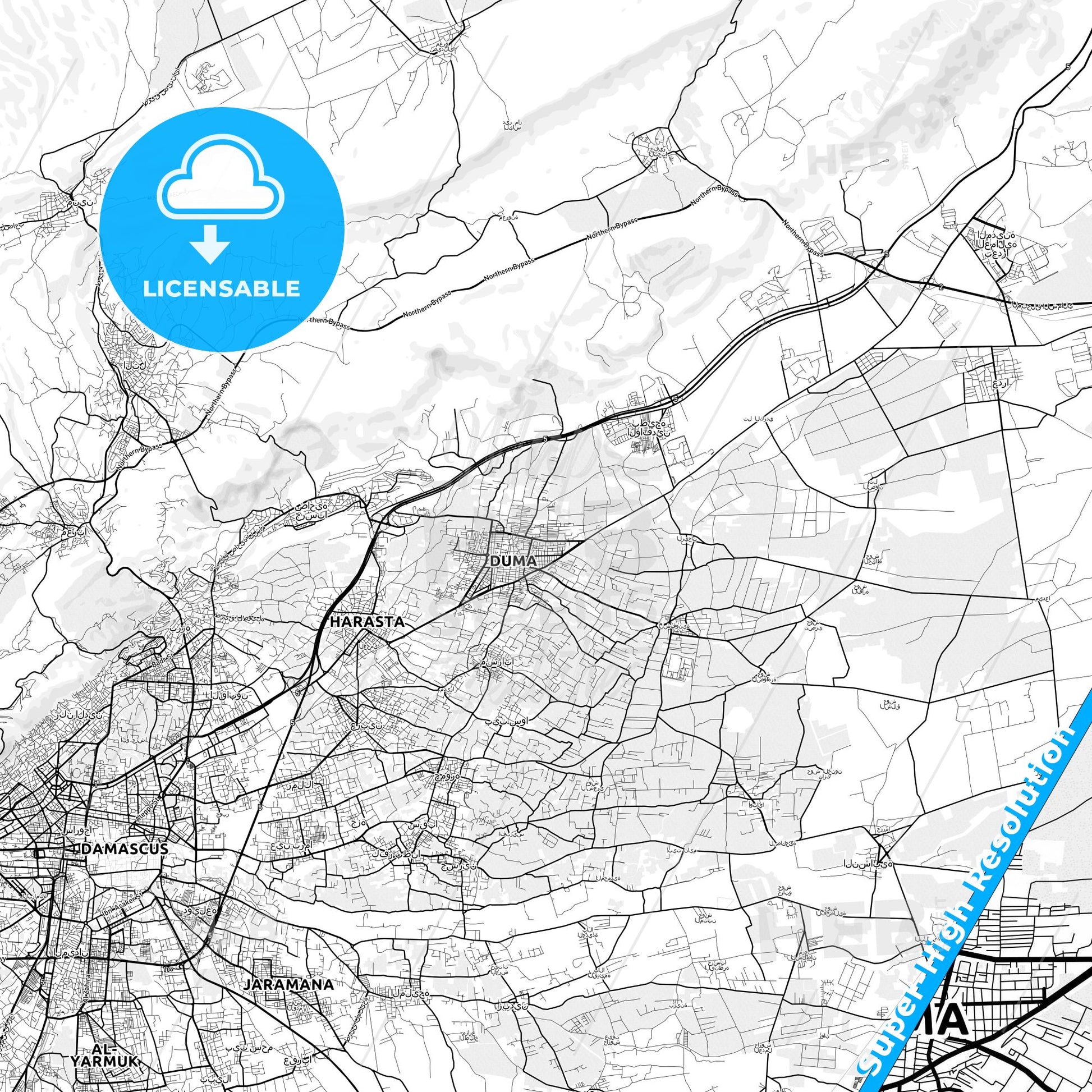 Douma, Syria light map with streetnames, citynames and districts