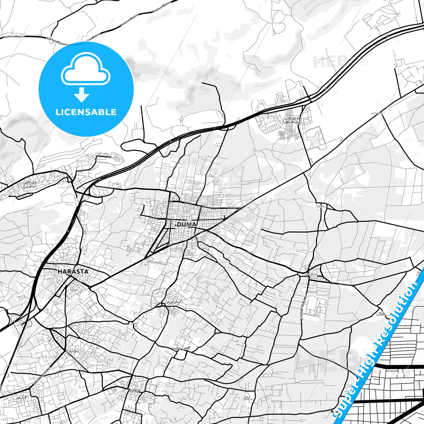 Douma, Syria Light Map with Street Names, City Names, and Districts