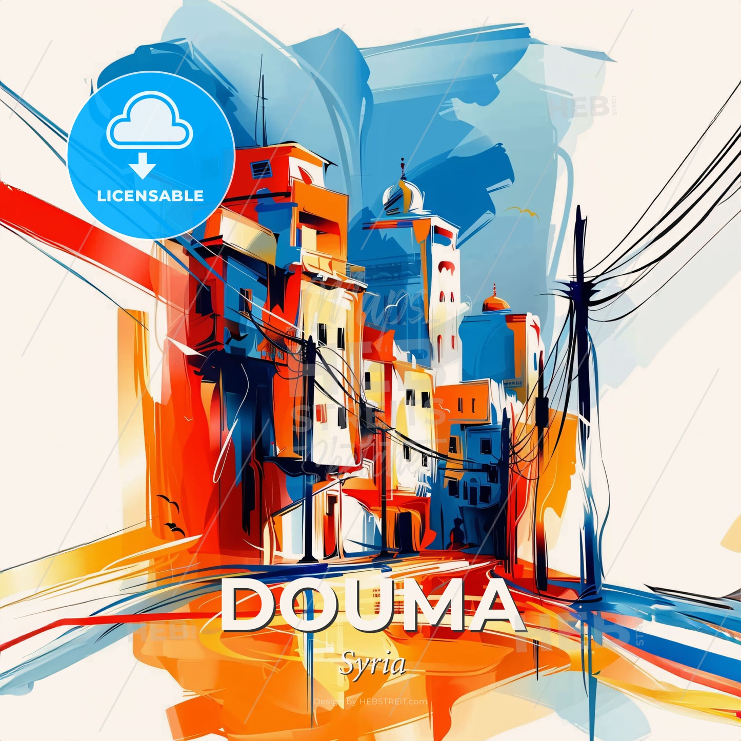 Vibrant Douma, Syria - A Colorful Cityscape With Power Lines And Buildings - Square format print template
