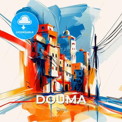Vibrant Douma, Syria - A Colorful Cityscape With Power Lines And Buildings - Square format print template