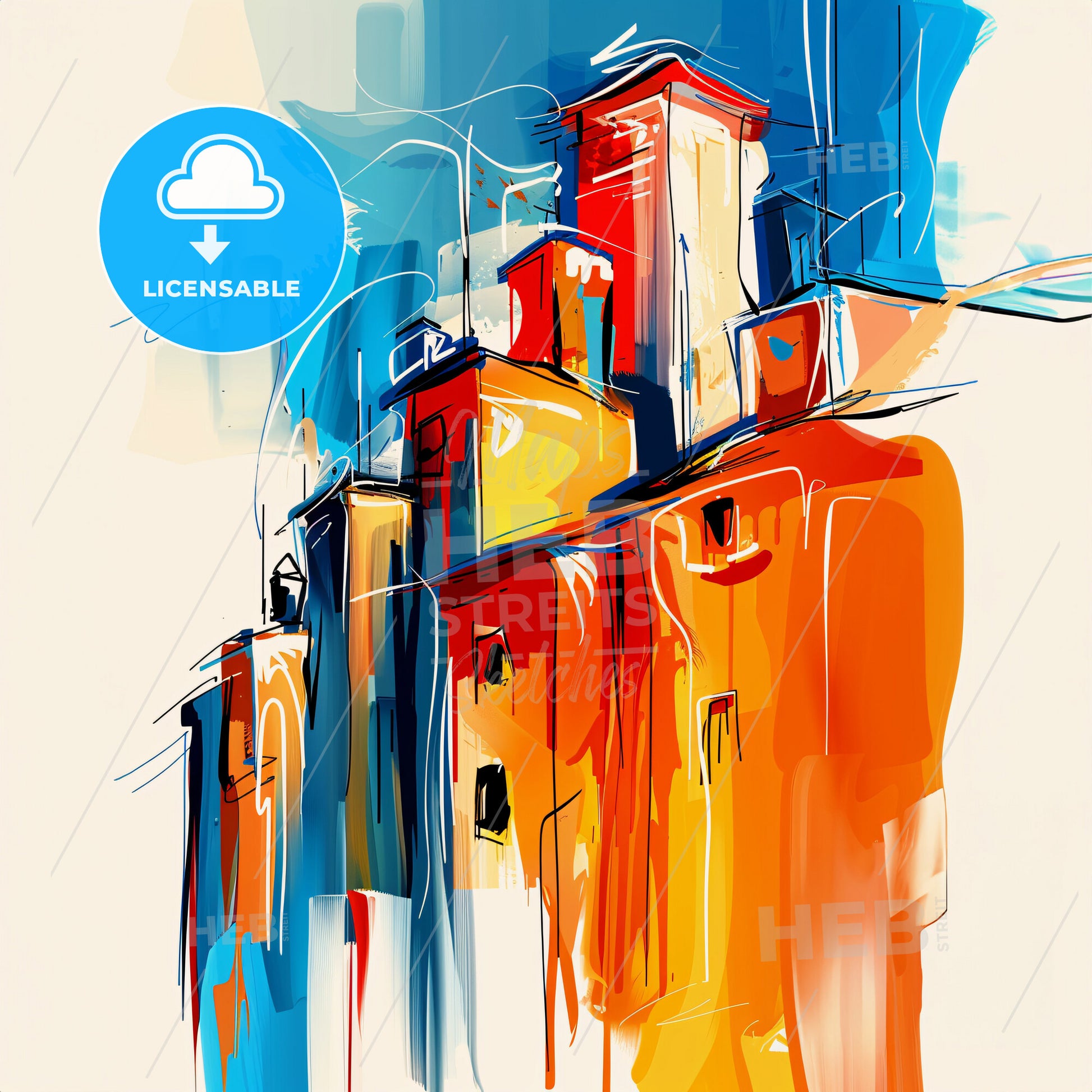 Vibrant Douma, Syria - A Painting Of Buildings With Blue And Orange Colors