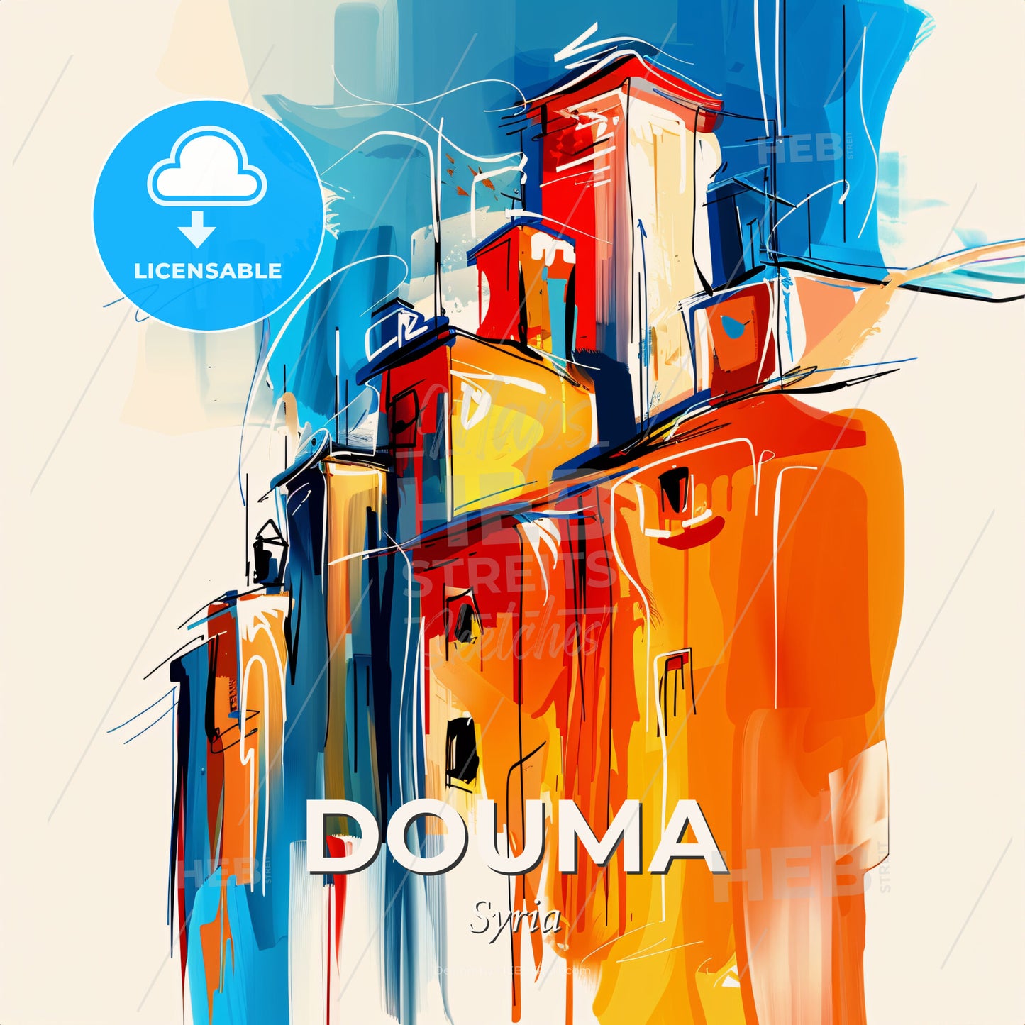 Vibrant Douma, Syria - A Painting Of Buildings With Blue And Orange Colors - Square format print template