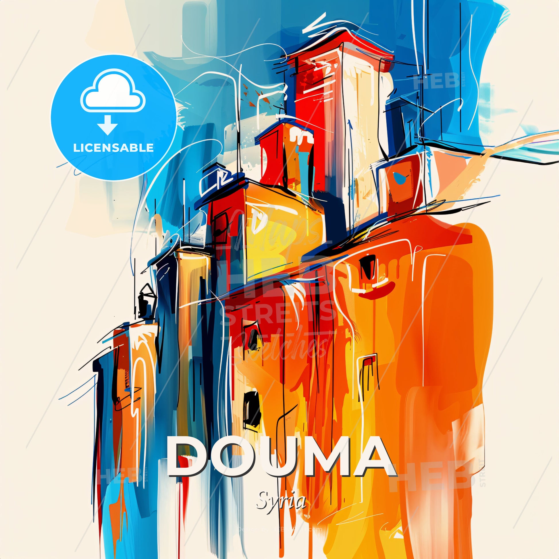 Vibrant Douma, Syria - A Painting Of Buildings With Blue And Orange Colors - Square format print template