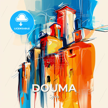 Vibrant Douma, Syria - A Painting Of Buildings With Blue And Orange Colors - Square format print template