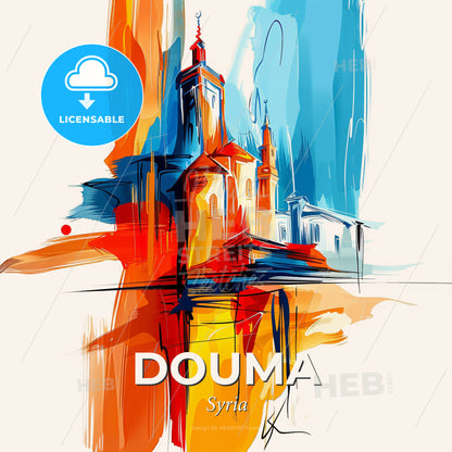 Vibrant Douma, Syria - A Painting Of A Building - Square format print template