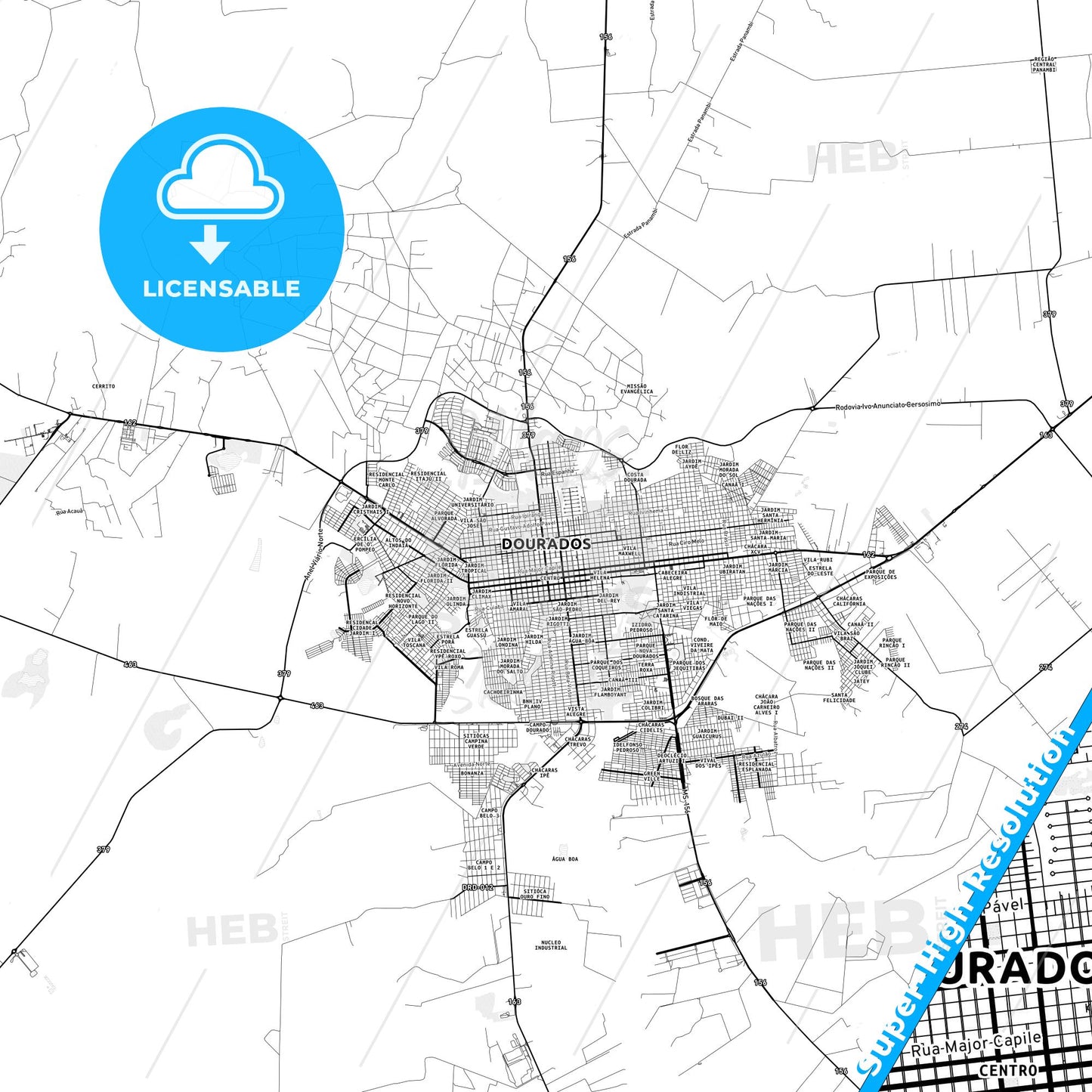 Dourados, Brazil light map with streetnames, citynames and districts