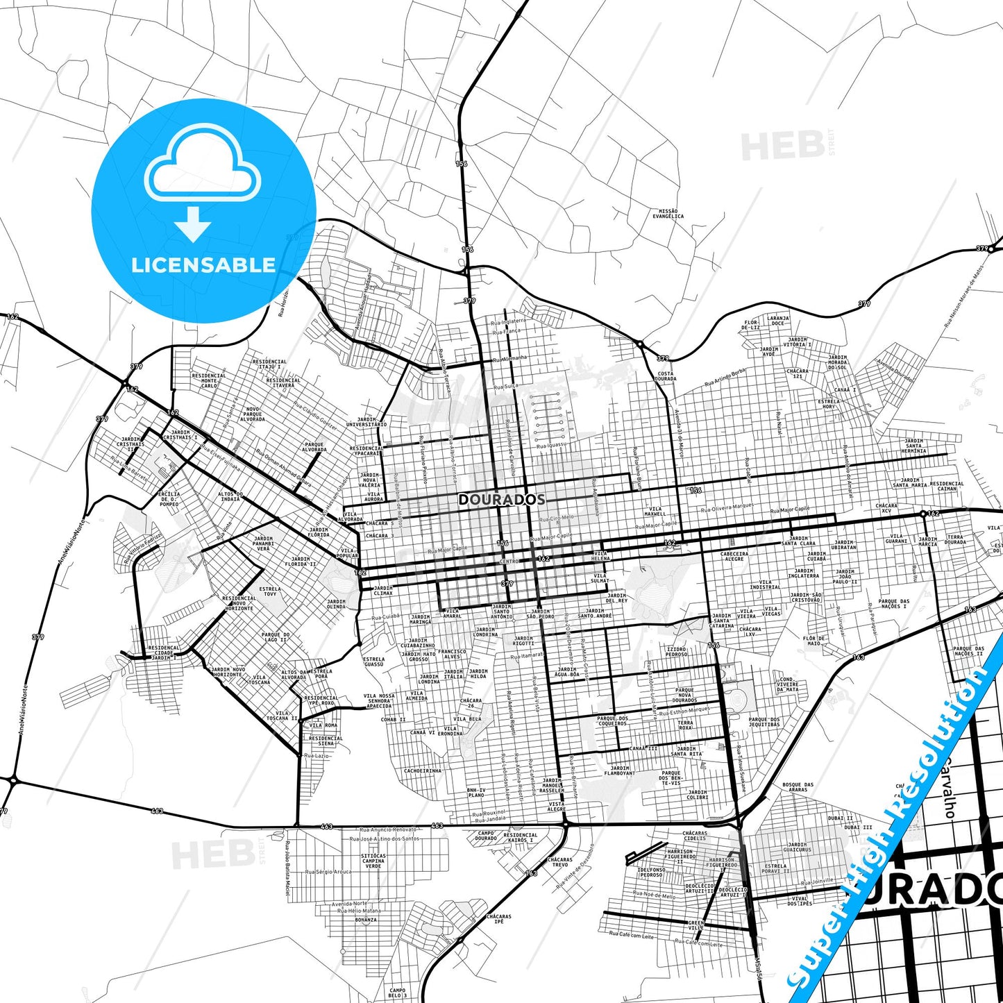 Dourados, Brazil Light Map with Street Names, City Names, and Districts