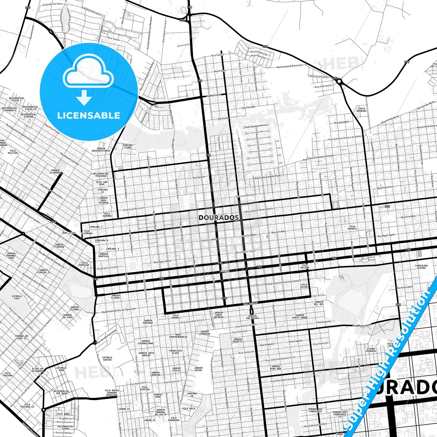 Dourados, Brazil Light Map with Street Names, City Names, and Districts