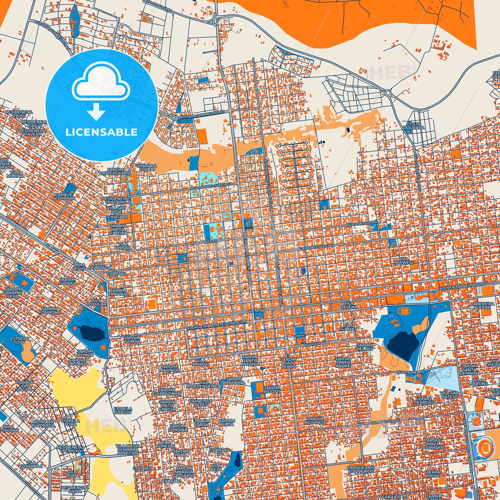 Colorful Dourados Street Map with Labels and Buildings