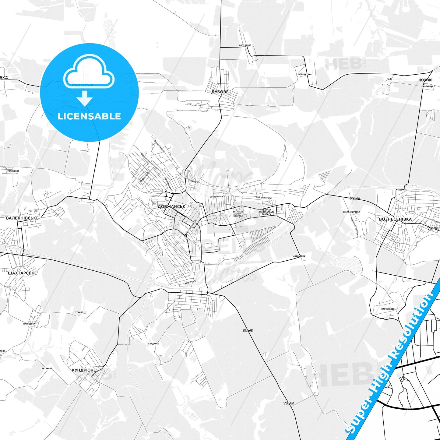 Dovzhansk, Ukraine light map with streetnames, citynames and districts