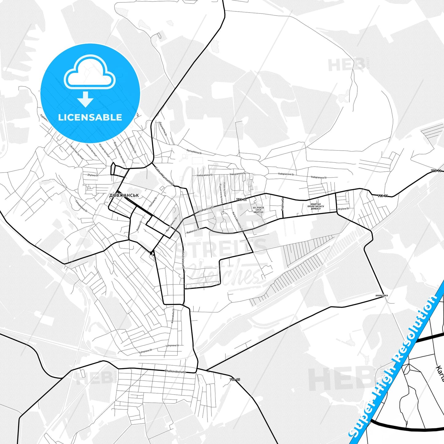 Dovzhansk, Ukraine Light Map with Street Names, City Names, and Districts