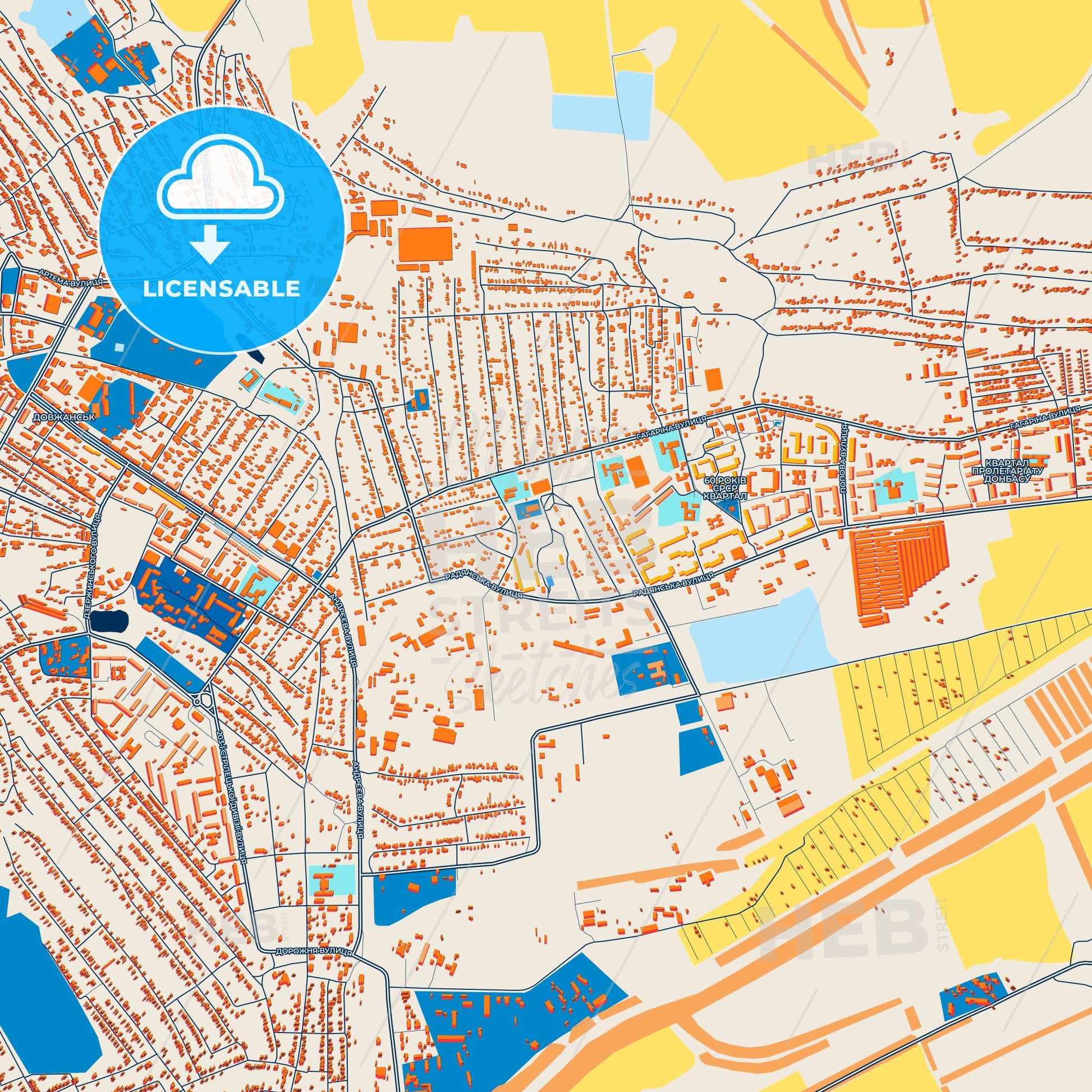 Colorful Dovzhansk Street Map with Labels and Buildings