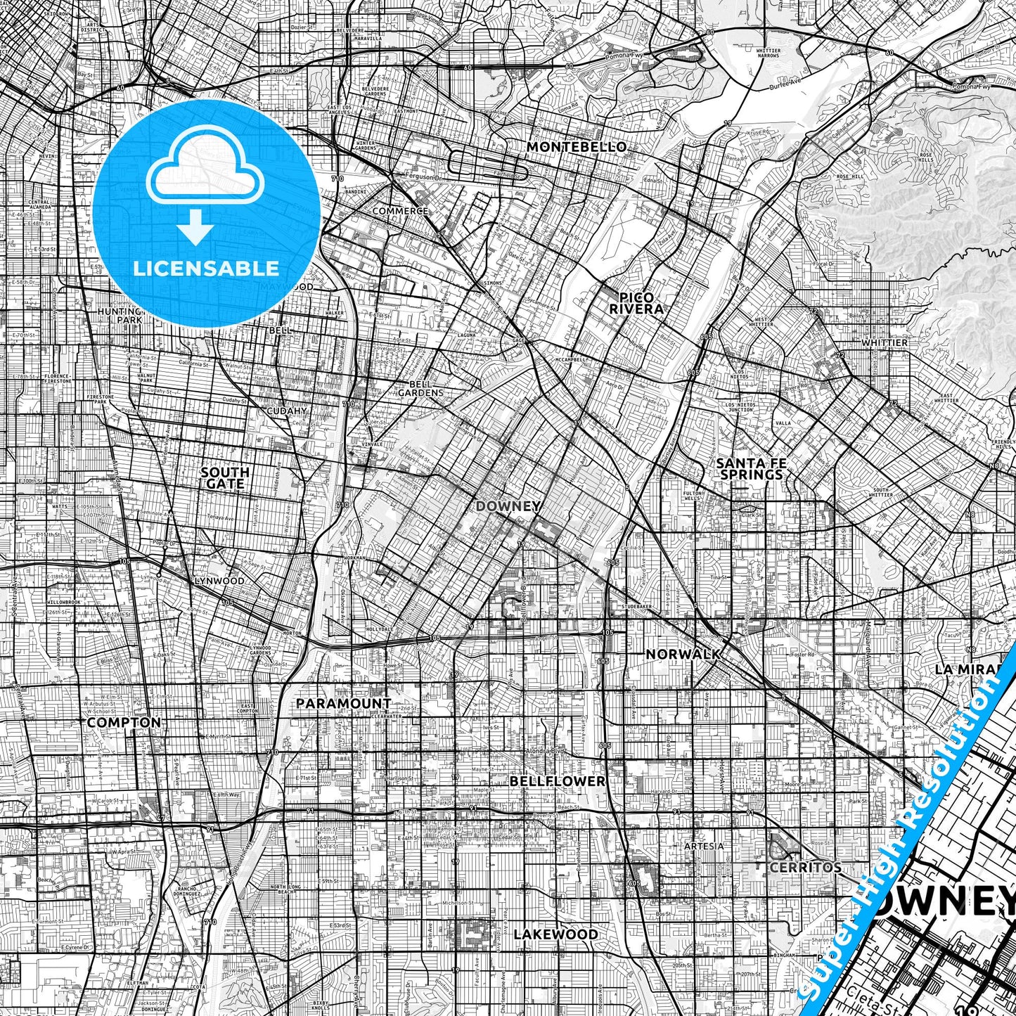 Downey, California light map with streetnames, citynames and districts