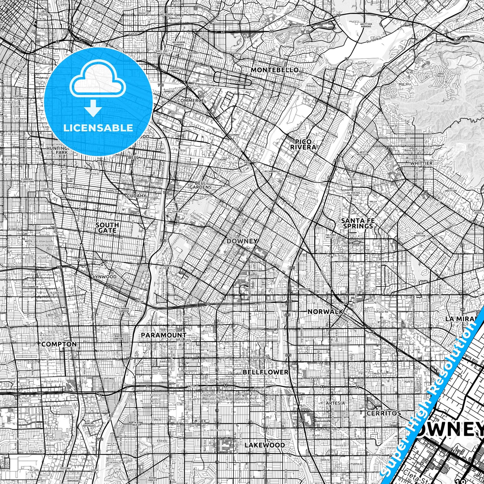 Downey, California light map with streetnames, citynames and districts