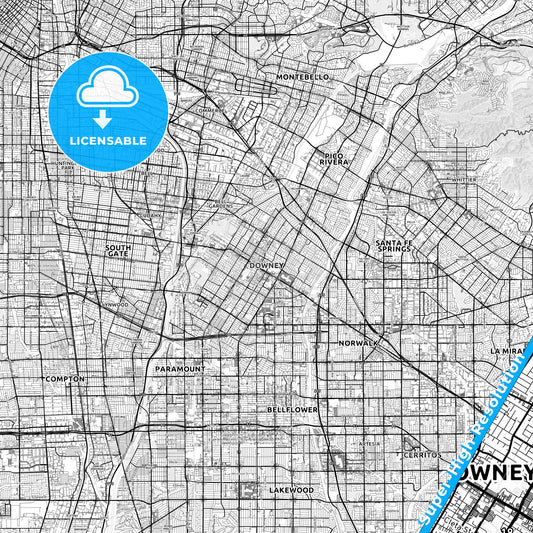 Downey, California light map with streetnames, citynames and districts