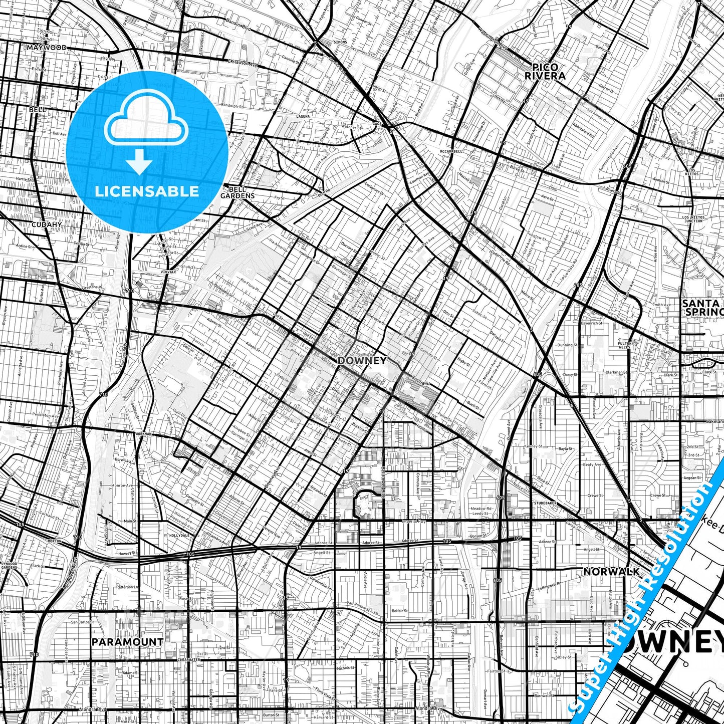 Downey, California Light Map with Street Names, City Names, and Districts