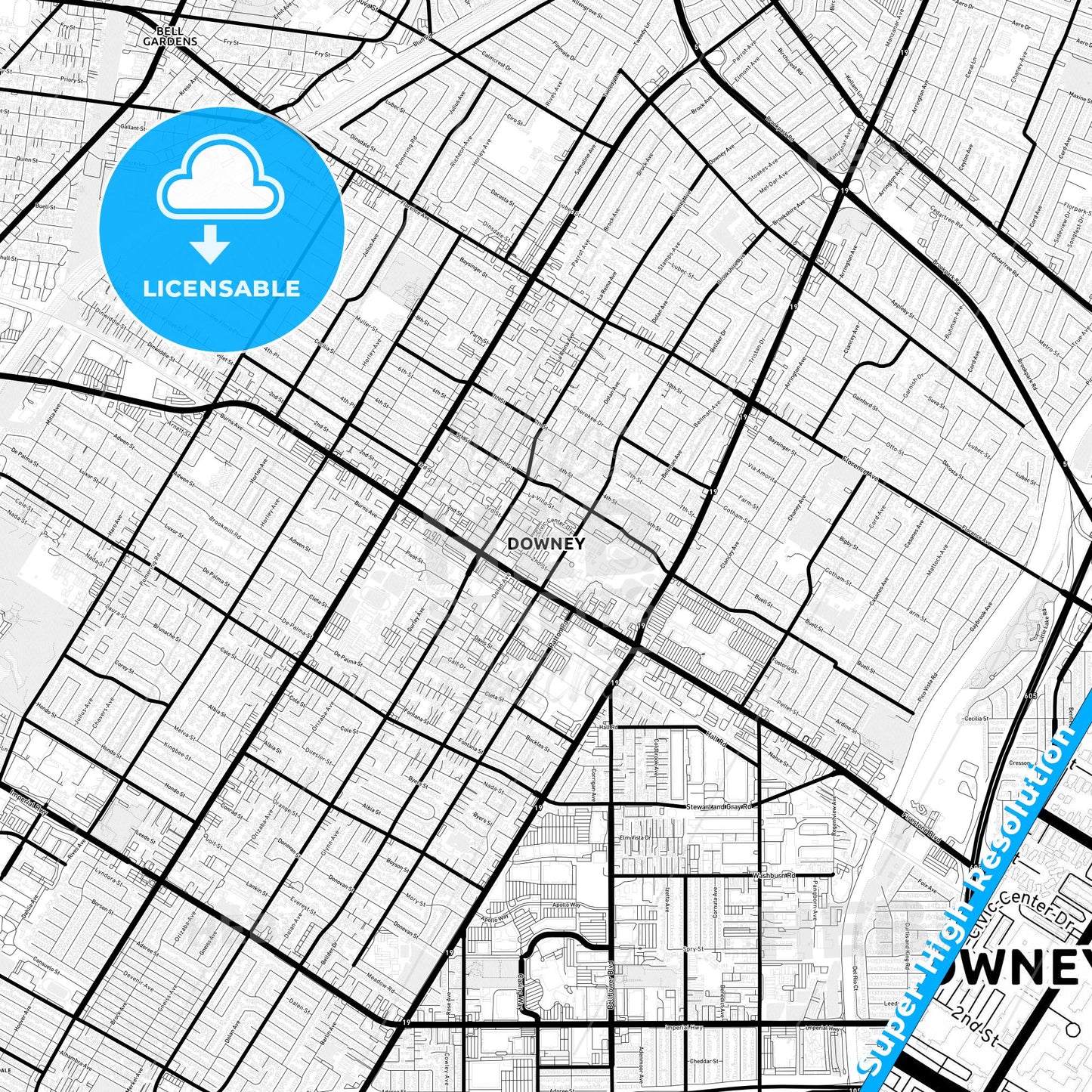 Downey, California Light Map with Street Names, City Names, and Districts