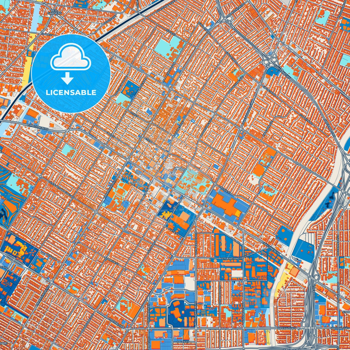 Colorful Downey Street Map with Labels and Buildings