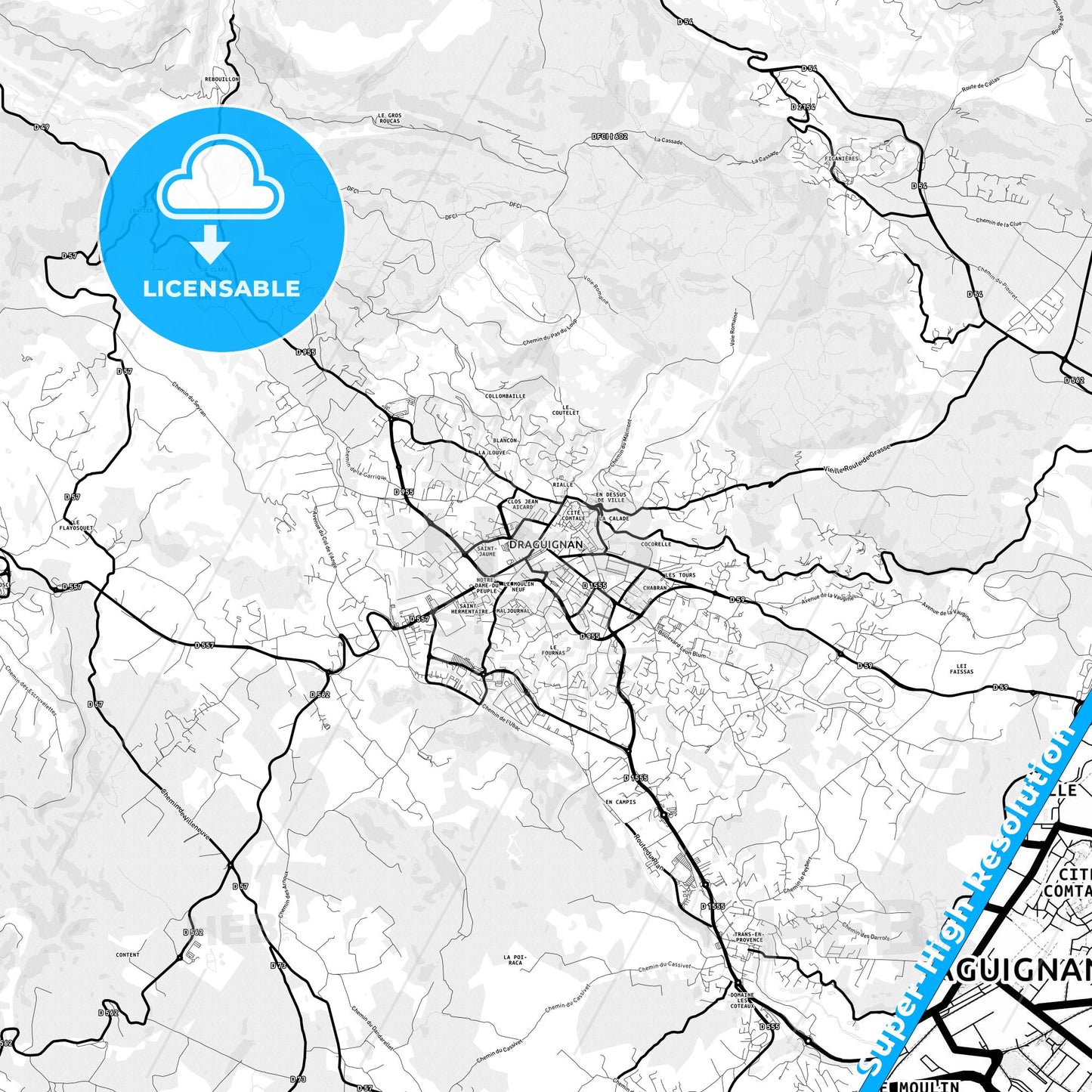 Draguignan, France Light Map with Street Names, City Names, and Districts
