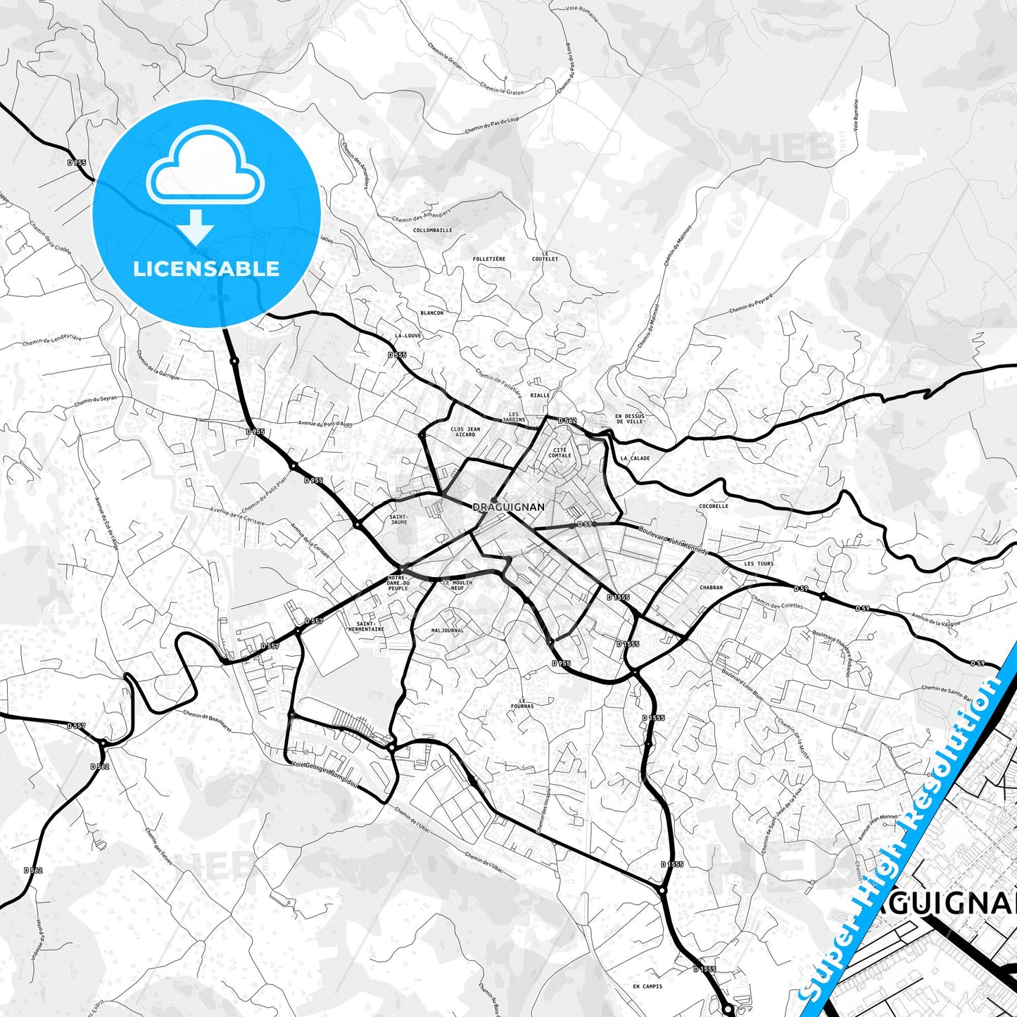 Draguignan, France Light Map with Street Names, City Names, and Districts