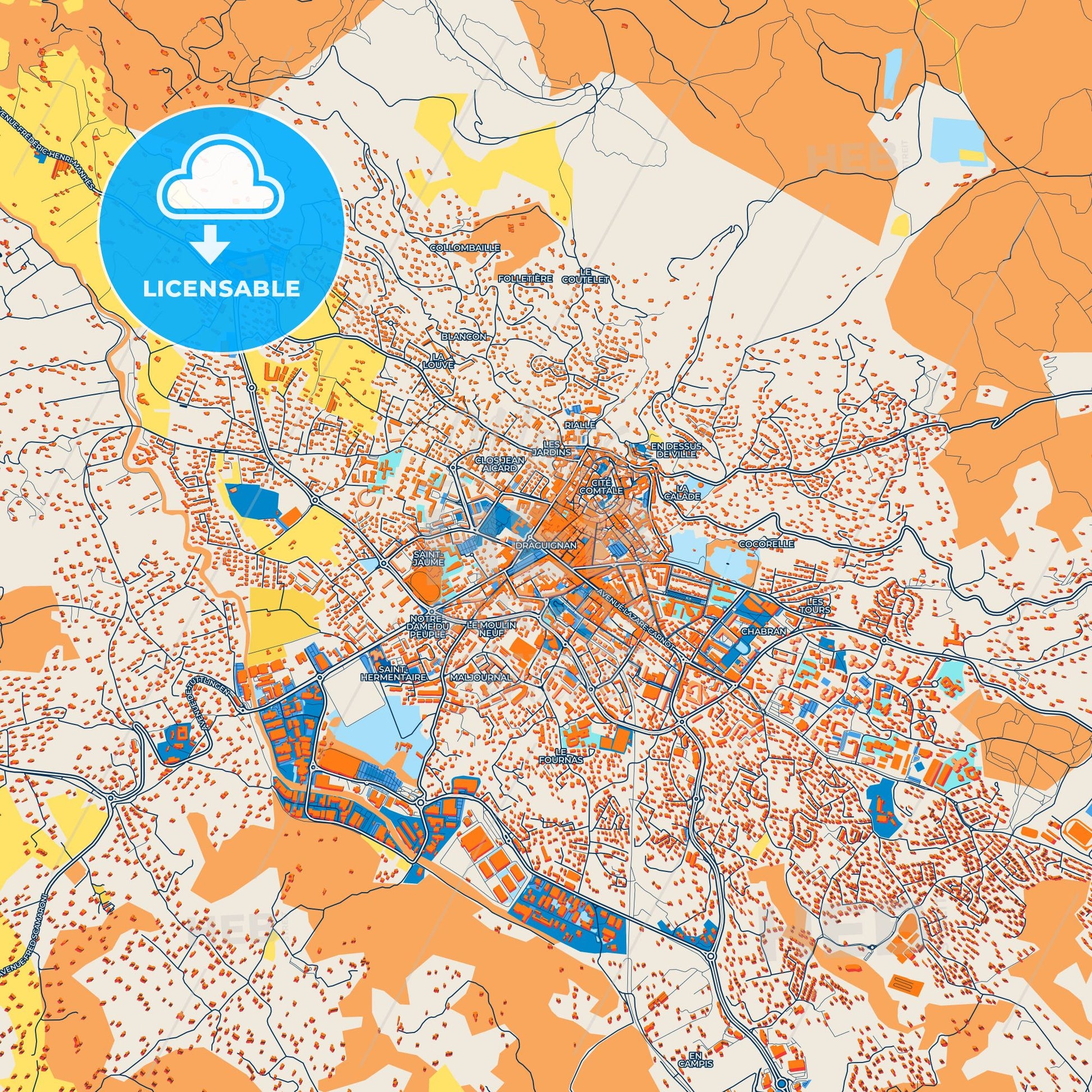 Colorful Draguignan Street Map with Labels and Buildings