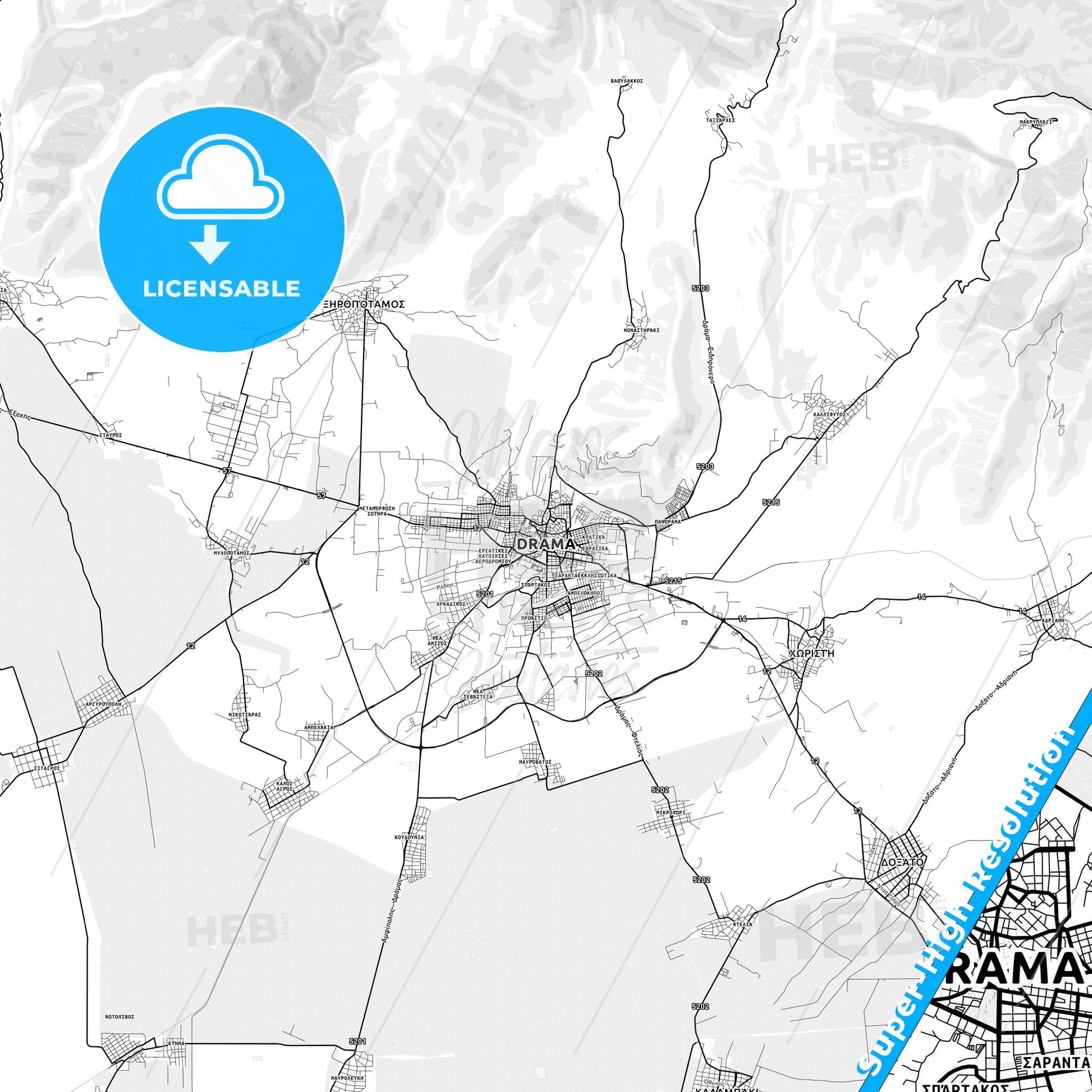 Drama, Greece light map with streetnames, citynames and districts