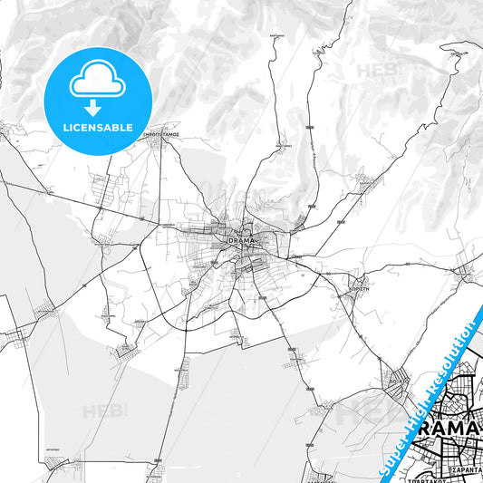 Drama, Greece light map with streetnames, citynames and districts