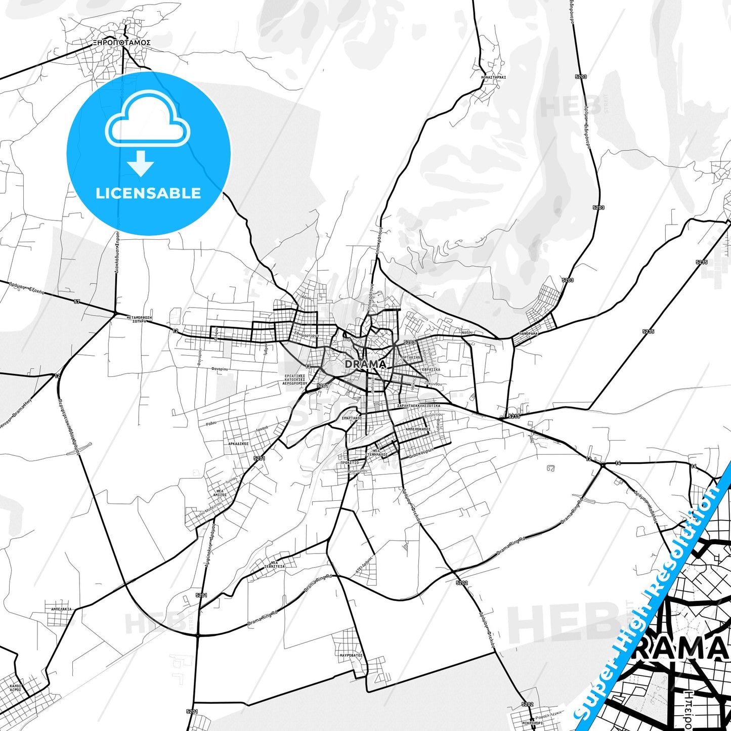 Drama, Greece Light Map with Street Names, City Names, and Districts